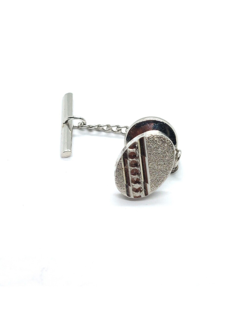 Silver Oval Chain Pin Textured Surface Elegant Classic Retro Menswear Gift VTG